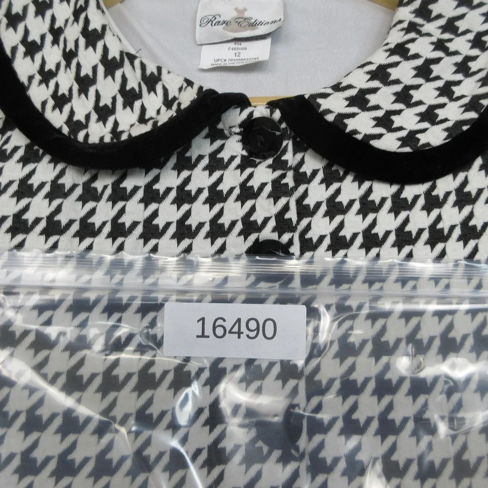 Rare Editions Houndstooth Coat Girls 12 Black White Velvet Bow Winter Dressy